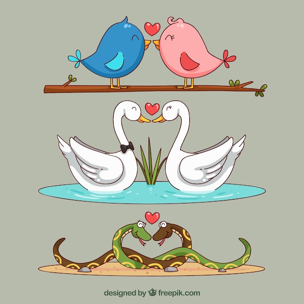 Accumulazione delle coppie animali di san valentino disegnato a mano Vettore gratuito