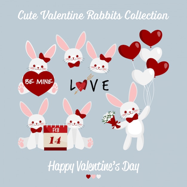 Accumulazione sveglia delle coppie dei conigli di san valentino. Vettore Premium