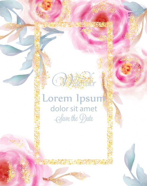 Acquerello rose rosa con glitter dorati Vettore Premium