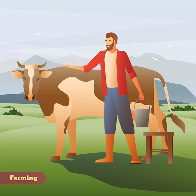Agricoltore sorridente con la mucca macchiata vicina del secchio sul pascolo verde sulla composizione piana nel fondo della montagna Vettore gratuito