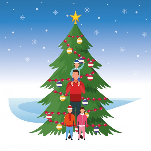 Buon Natale Uomo.Albero Di Natale Ed Uomo Con I Bambini Illustrazione Di Buon Natale Vettore Premium