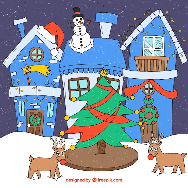 Case Decorate Per Natale.Albero Di Natale Renne Pupazzo Di Neve E Case Decorate Per Natale Vettore Gratis