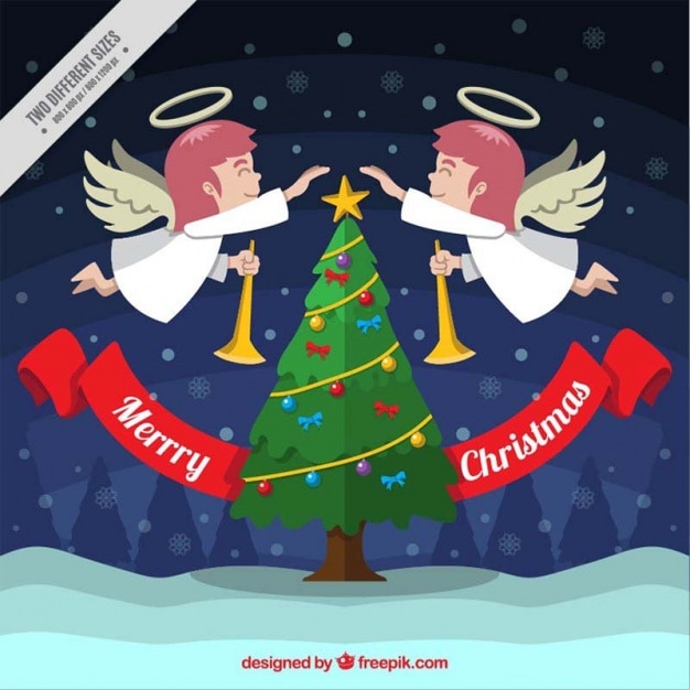 Immagini Di Natale Con Angeli.Albero Di Natale Sfondo Con Angeli In Design Piatto Vettore Gratis