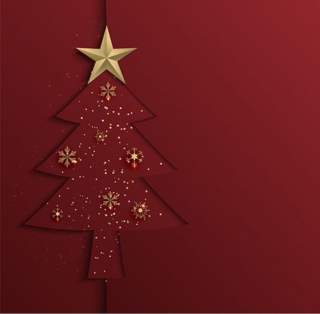 Albero Di Natale Rosso E Oro Con Fiocchi.Albero Di Natale Tagliato Carta Su Sfondo Rosso Con Stella D Oro E Fiocco Di Neve Vettore Premium