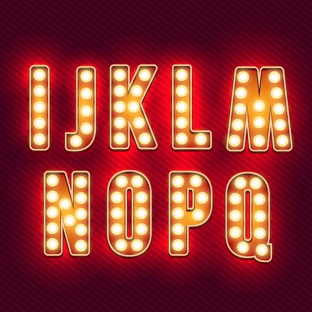Alfabeto retrò. lettere d'epoca realistiche. lampadine al neon lettere retrò rosso. set di vecchie lettere d'epoca. si illuminano al buio. Vettore Premium