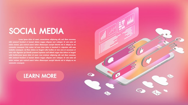 App di social media su uno smartphone icone isometriche 3d Vettore Premium