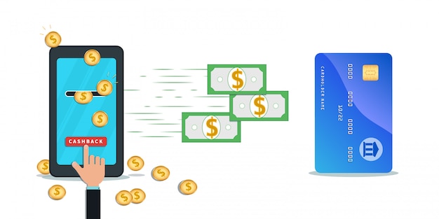 App mobile per carta di credito e trasferimento di denaro. smartphone piatto con monete d'oro sullo schermo. Vettore Premium