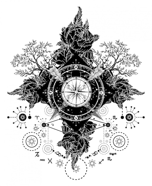 Arte del tatuaggio bussola, frecce incrociate, rose Vettore Premium