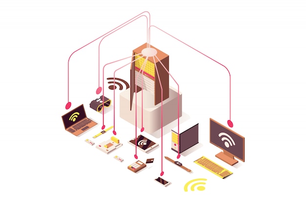 Attrezzatura hardware del computer, internet delle cose, sistema cloud, dispositivi portatili Vettore Premium