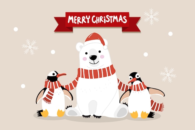 Buon Natale Orso.Auguri Di Buon Natale Con Simpatico Orso Polare E Pinguini Con Lunga Sciarpa Rossa Vettore Premium