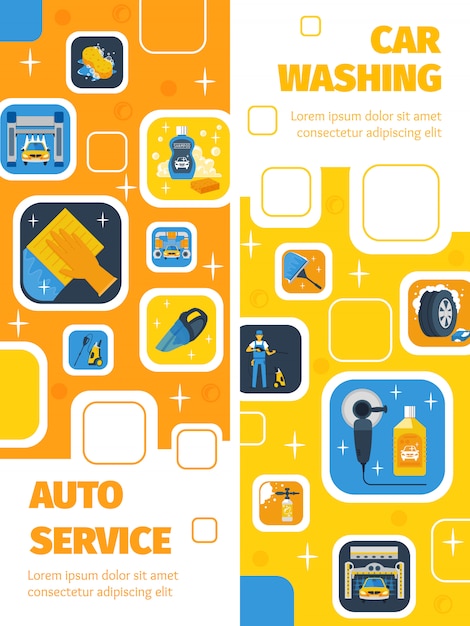 Auto service con autolavaggio centro 2 banner verticale piatto pubblicità prodotti per la pulizia simboli Vettore gratuito