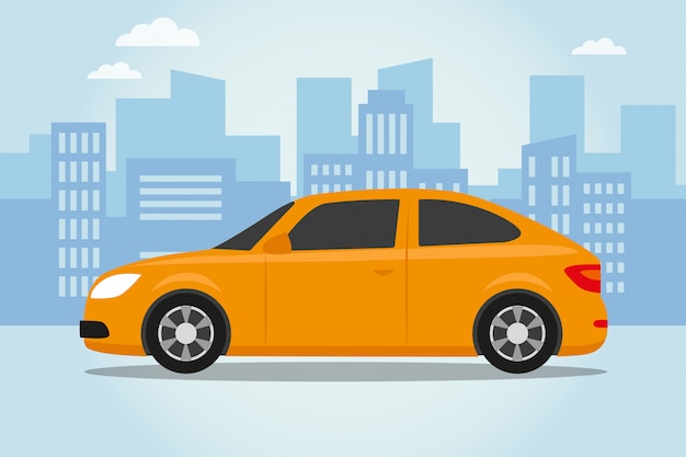 Auto su sfondo blu della città Vettore Premium