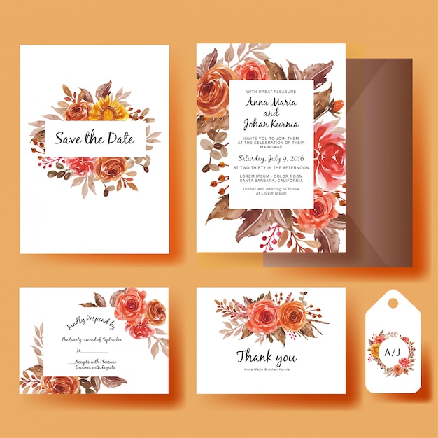 Autunno stabilito del girasole e delle rose dei fiori dell'acquerello del modello della carta dell'invito di nozze Vettore Premium
