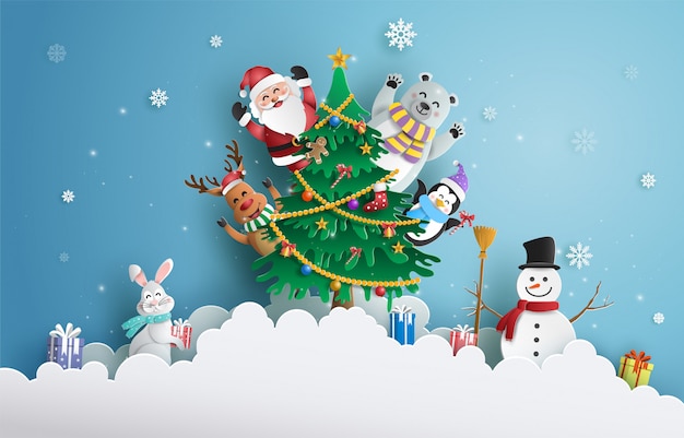 Babbo natale e amici con l'albero di natale. Vettore Premium