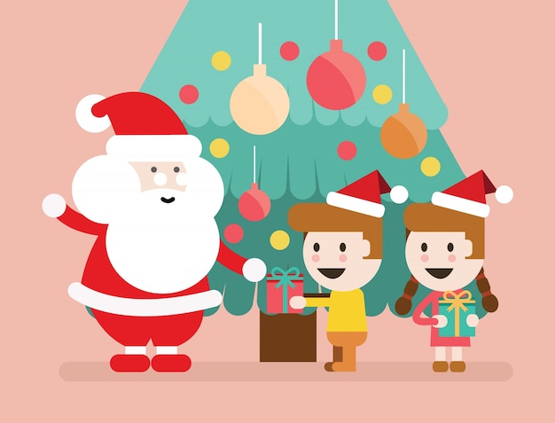 Disegni Di Natale Vettoriali.Babbo Natale E Bambini Divertirsi Sfondo Natale Disegno Di Carattere Piatto Illustrazione Vettoriale Vettore Premium