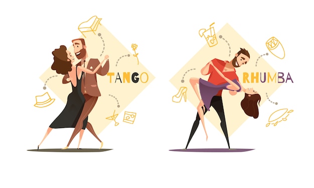 Ballando tango e rhumba coppie 2 modelli di cartoni animati retrò con icone di accessori stile web isolato Vettore gratuito