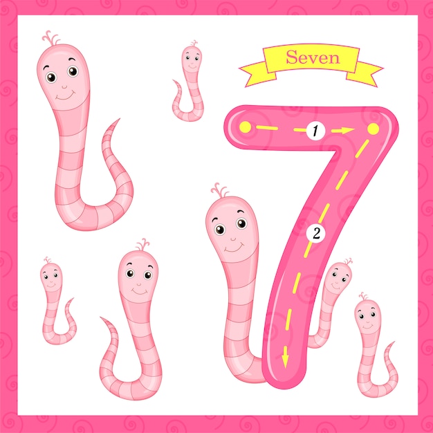 Bambini carini numero flashcard sette tracce con 7 vermi Vettore Premium