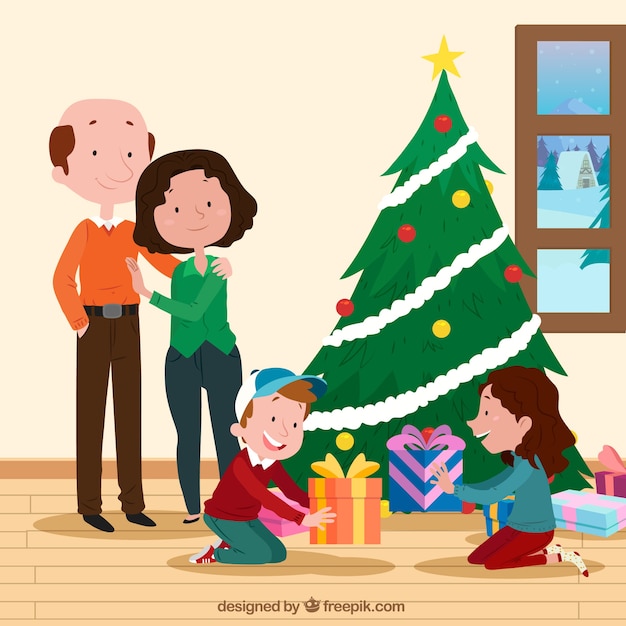 Regali Di Natale Genitori.Bambini Che Disimballano I Loro Regali Di Natale Con I Genitori Che Guardano Vettore Gratis