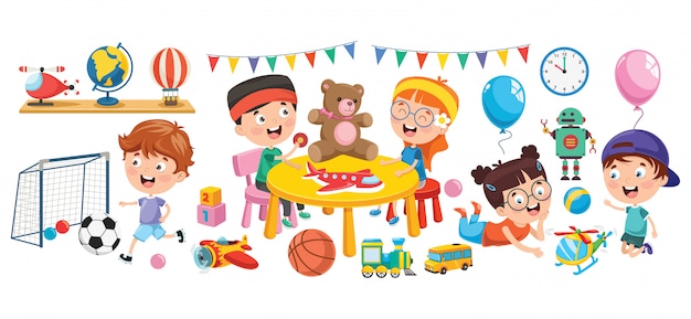 Bambini che giocano con vari giocattoli Vettore Premium