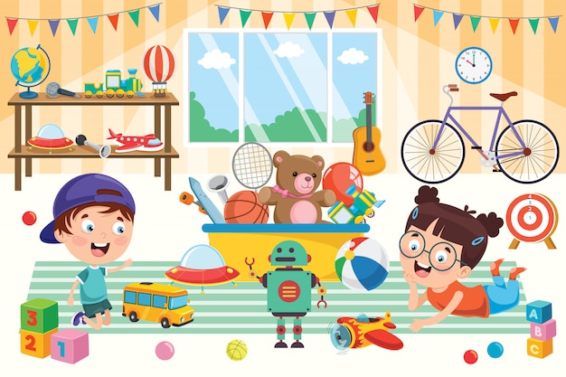Bambini felici che giocano con i giocattoli Vettore Premium