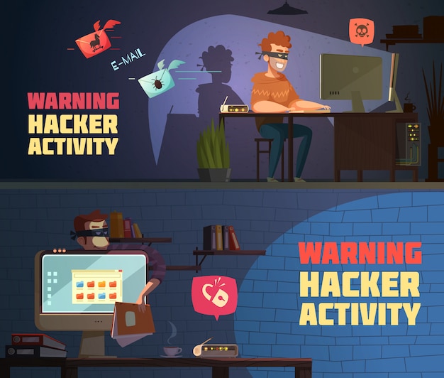 Bandiere orizzontali di retro fumetto attività avviso hacker Vettore gratuito