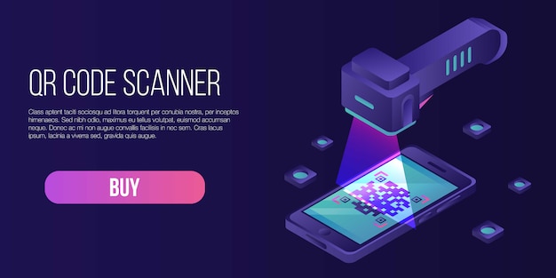 Banner di concetto di scanner di codice qr, stile isometrico Vettore Premium