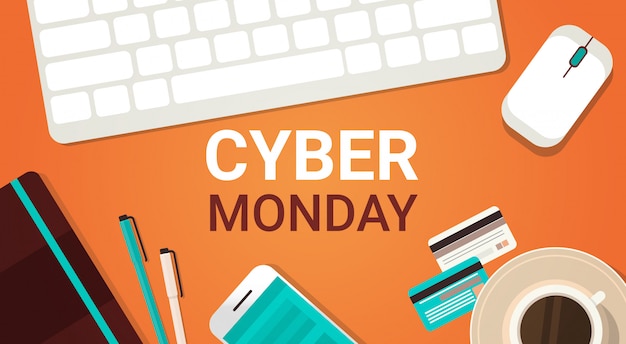 Banner di cyber monday con tastiera, mouse e smartphone per laptop Vettore Premium