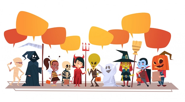 Banner di halloween felice con mostri simpatico cartone animato con bolle di chat Vettore Premium