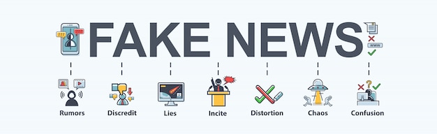 Banner di notizie false che significa icona nei social media, falso, discredito, menzogna, confusione. Vettore Premium