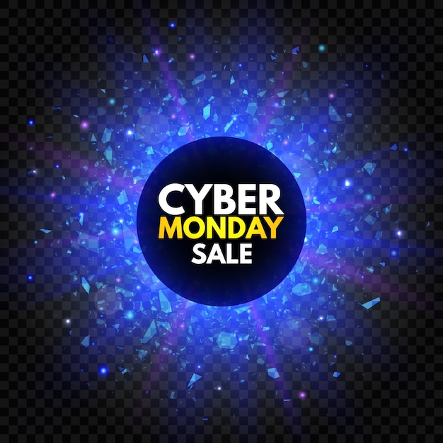 Banner di vendita del cyber monday con stella scintillante e luce di esplosione. insegna luminosa blu e viola, pubblicità notturna. vendita annuale. promozione di buoni affari. Vettore Premium