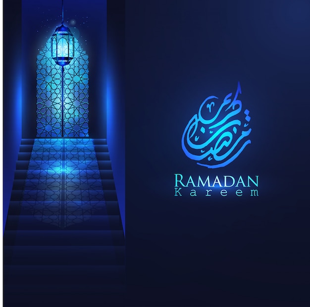 Bella porta della moschea di ramadan kareem con progettazione araba, lanterna d'ardore & scala per il fondo islamico di vettore di saluto Vettore Premium