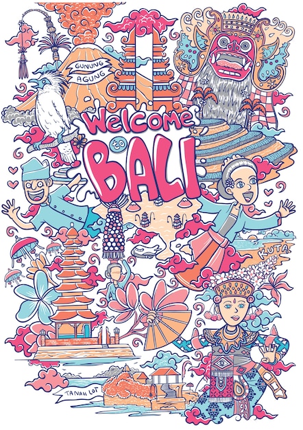 Benvenuto nell'illustrazione di bali Vettore Premium