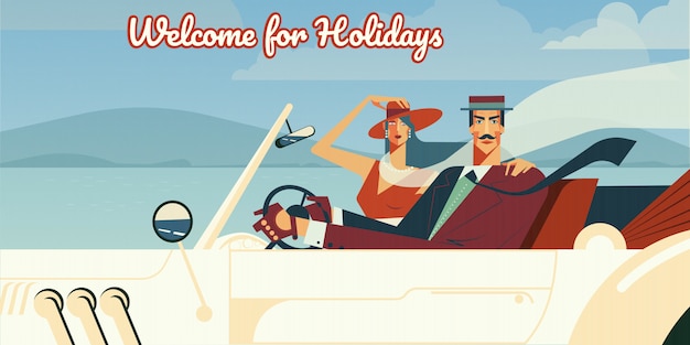 Benvenuto per le vacanze illustrazione retrò di uomo e donna che guida in auto cabriolet d'epoca. Vettore gratuito