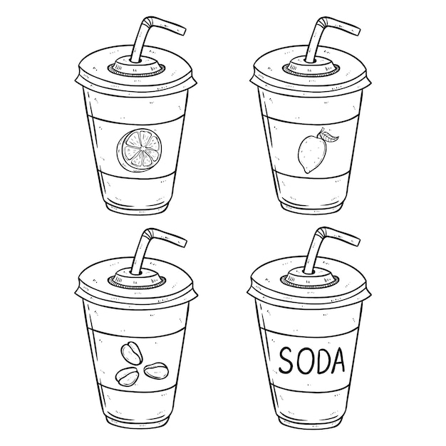 Bicchiere di carta soda con aroma di limone, arancia e caffè usando lo stile disegnato a mano Vettore Premium