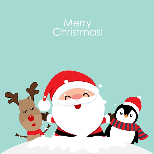 Immagini Natale Renne.Biglietto Di Auguri Di Natale Vacanza Con Babbo Natale Renne E Pinguino Dei Cartoni Animati Illustrazione Vettoriale Vettore Premium