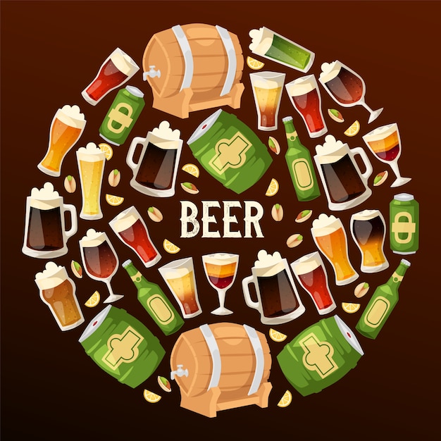 Birra nel birrificio birreria vettore beerbarrel beermug dark ale illustrazione di beerbottle nel bar sulla parte dell'alcool di birra Vettore Premium