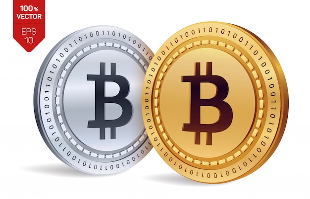 Bitcoin. monete d'oro e d'argento con bitcoin isolato. criptovaluta. Vettore Premium
