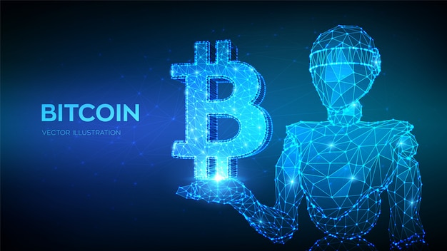 Bitcoin. robot poligonale basso 3d astratto che tiene icona bitcoin. Vettore Premium