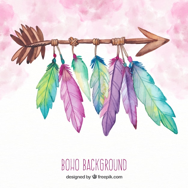 Boho sfondo con piume in stile acquerello Vettore gratuito