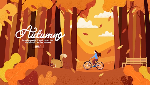 Buon autunno, ringraziamento, donne in sella a una bicicletta nel giardino autunnale. Vettore Premium