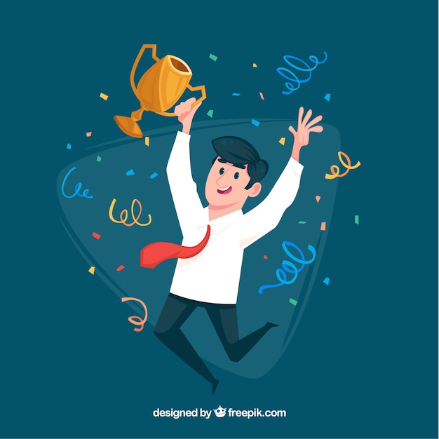 Buon carattere vincendo un premio con design piatto Vettore gratuito