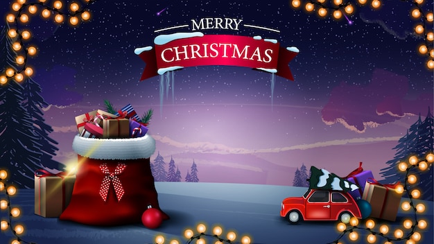 Buon Natale Paesaggi.Buon Natale Bellissimo Biglietto Di Auguri Con Borsa Di Babbo Natale Con Regali Auto D Epoca Rossa Che Trasportano Albero Di Natale E Paesaggio Invernale Vettore Premium