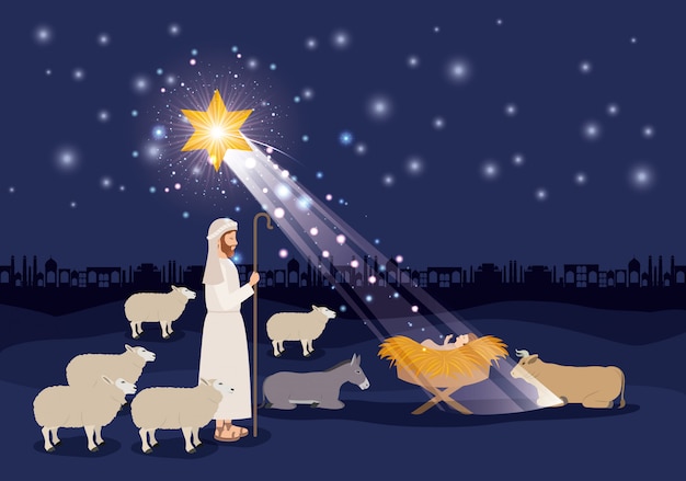 Immagini Natale Gesu Bambino.Buon Natale Card Con Gesu Bambino E Sheeper Vettore Premium