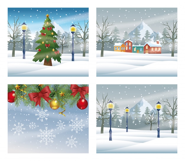 Buon Natale Paesaggi.Buon Natale Cartoline Con Scene Di Paesaggi Innevati Illustrazione Vettoriale Design Vettore Premium