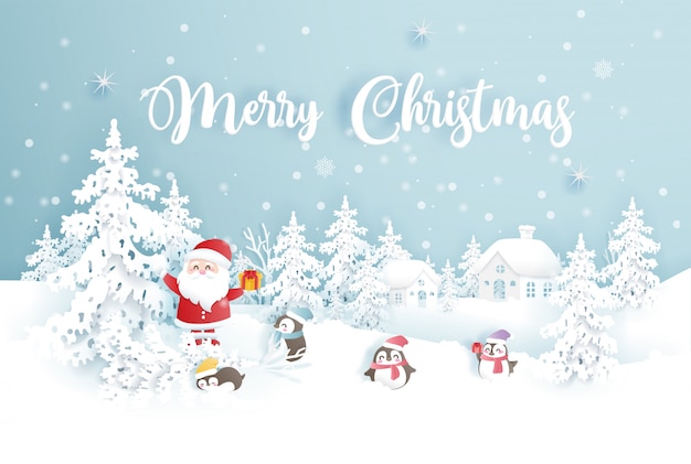 Buon Natale Con La Neve.Buon Natale Con Babbo Natale E Pinguini In Una Foresta Di Neve Vettore Premium