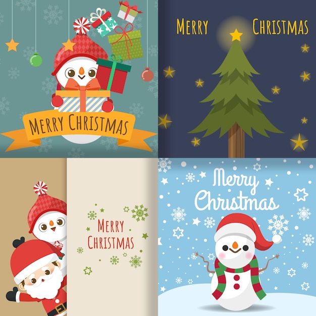 Immagini Animate Di Buon Natale.Buon Natale Con Set Di Biglietti Di Auguri Simpatico Personaggio Dei Cartoni Animati Babbo Natale Pupazzo Di Neve Albero Di Natale Confezione Regalo Neve Su Carte Illustrazione Vettoriale Vettore Premium