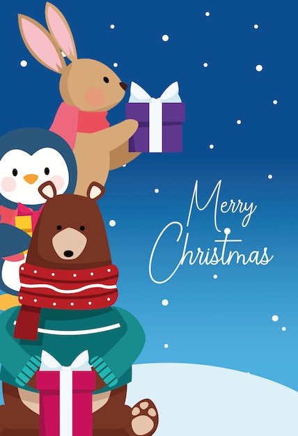 Regali Simpatici Natale.Vettore Premium Buon Natale Con Simpatici Animali Con Scatole Regalo Durante La Notte Nevosa Illustrazione