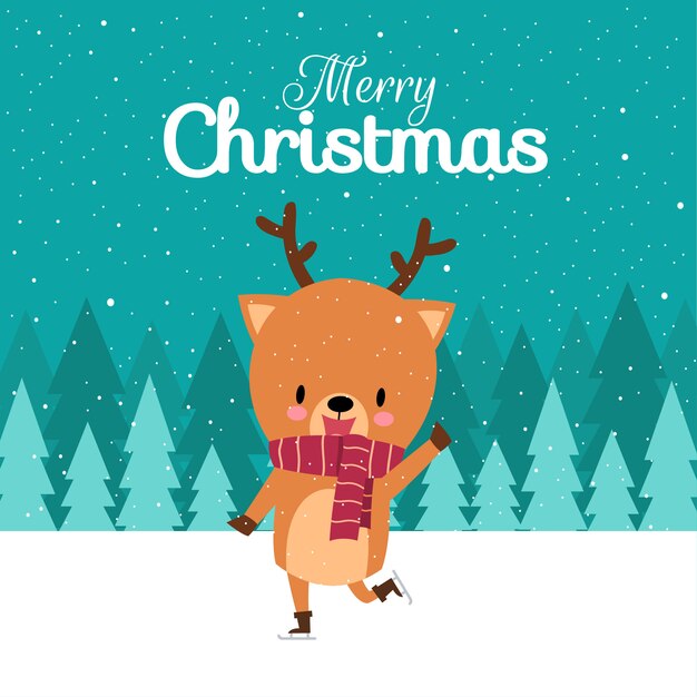 Buon Natale Freestyle Download.Buon Natale Con Simpatici Cervi Disegnati A Mano Kawaii Con Sciarpa Rossa Pattinaggio Su Ghiaccio Vettore Premium
