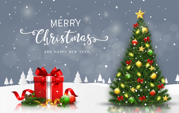 Felice Natale Immagini.Buon Natale E Felice Anno Nuovo Auguri Con Albero Di Natale E Confezione Regalo Vettore Premium