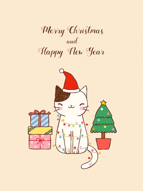 Buon Natale Cards.Buon Natale E Felice Anno Nuovo Card Con Gatto Carino Vettore Premium